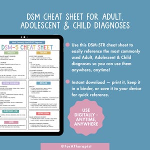 Puede incluir: Una hoja de trucos digital DSM-5 para diagn&oacute;sticos de adultos, adolescentes y ni&ntilde;os. La tableta muestra un gr&aacute;fico detallado con categor&iacute;as como ansiedad, trauma y trastornos alimenticios. El texto fomenta el uso digital para referencia r&aacute;pida.