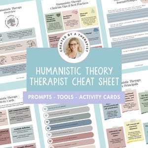 May include: A light blue and white Humanistic Theory Therapist Cheat Sheet with prompts, tools, and activity cards. The sheet includes text and a photo of a woman. The sheet is designed for therapists.