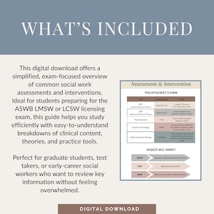 Guía de estudio para la preparación de exámenes LMSW y LCSW, Hoja de referencia para la evaluación e intervención en trabajo social, Apuntes del examen clínico ASWB BSW, Descarga digital de terapia imagen 2