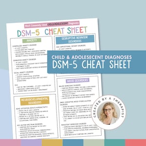 May include: A DSM-5 cheat sheet for child and adolescent diagnoses. The sheet includes sections on anxiety, disruptive behavior disorders, mood disorders, and neurodevelopmental disorders. The text is in black font on a white background.
