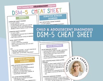 Puede incluir: Una hoja de trucos DSM-5 para diagnósticos en niños y adolescentes. La hoja incluye secciones sobre ansiedad, trastornos disruptivos del comportamiento, trastornos del estado de ánimo y trastornos del neurodesarrollo. El texto está en negro sobre fondo blanco.