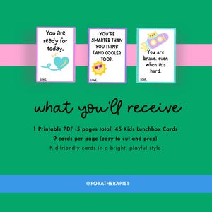 May include: Three cards with positive affirmations on a green background. The cards read: "You are ready for today," "You're smarter than you think," and "You are brave, even when it's hard." The text "what you'll receive" is also visible.