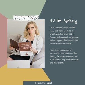 May include: A woman wearing glasses holds a book titled "COMPLETE EXAM STUDY GUIDE." The image includes text that reads "Hi! I'm Ashley" and "@ForATherapist." The background features geometric shapes in muted colors.
