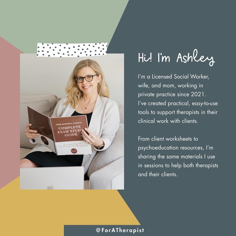 May include: A woman wearing glasses holds a book titled "COMPLETE EXAM STUDY GUIDE." The image includes text that reads "Hi! I'm Ashley" and "@ForATherapist." The background features geometric shapes in muted colors.