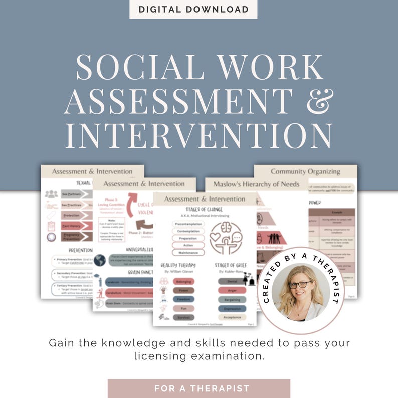 Guía de estudio para la preparación de exámenes LMSW y LCSW, Hoja de referencia para la evaluación e intervención en trabajo social, Apuntes del examen clínico ASWB BSW, Descarga digital de terapia imagen 1