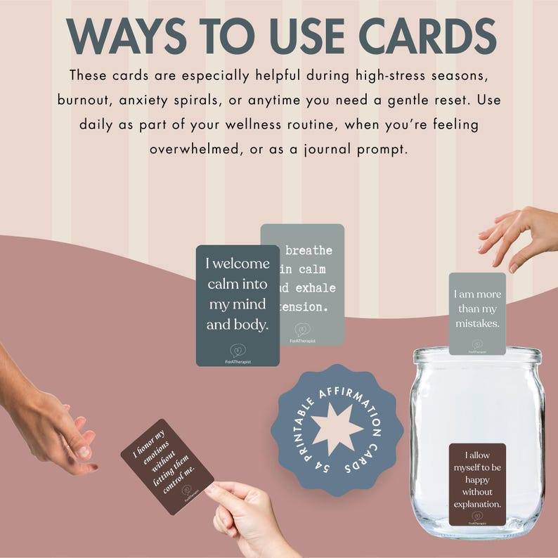 May include: Image of affirmation cards with text. The cards are in various shades of gray and brown, with phrases like "I welcome calm into my mind and body." A jar with a label that says "I allow myself to be happy without explanation" is also present.