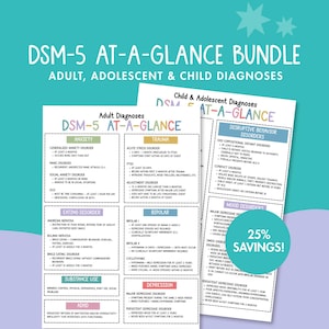 May include: A bundle of DSM-5 At-A-Glance charts for adult, adolescent, and child diagnoses. The charts are white with black text, and include sections on anxiety, trauma, eating disorders, bipolar, and mood disorders. A circular graphic indicates 25% savings.
