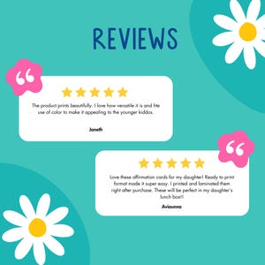 May include: A teal background with the word "REVIEWS" in purple. Two white speech bubbles with customer reviews and star ratings are featured. Pink flower accents and white daisies complete the design.