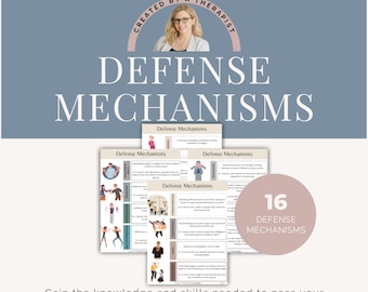Guía de estudio sobre mecanismos de defensa – Salud mental (PDF), preparación para exámenes LMSW y LCSW, recursos para consejería y trabajo social, hojas de trabajo de terapia.