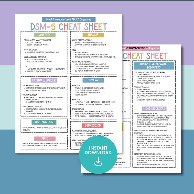 Puede incluir: Hojas de trucos DSM-5 imprimibles para diagn&oacute;sticos de adultos y ni&ntilde;os/adolescentes. Las hojas enumeran los s&iacute;ntomas y criterios de diversas afecciones de salud mental, como la ansiedad, la depresi&oacute;n y el trastorno bipolar. Incluye un bot&oacute;n de "Descarga instant&aacute;nea".