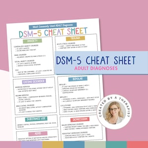 Peut inclure: Une fiche de triche DSM-5 colorée pour les diagnostics adultes. Le document comprend des sections sur l'anxiété, les traumatismes, les troubles de l'alimentation, la bipolarité, l'usage de substances, le TDAH et la dépression. Le titre est en gras.
