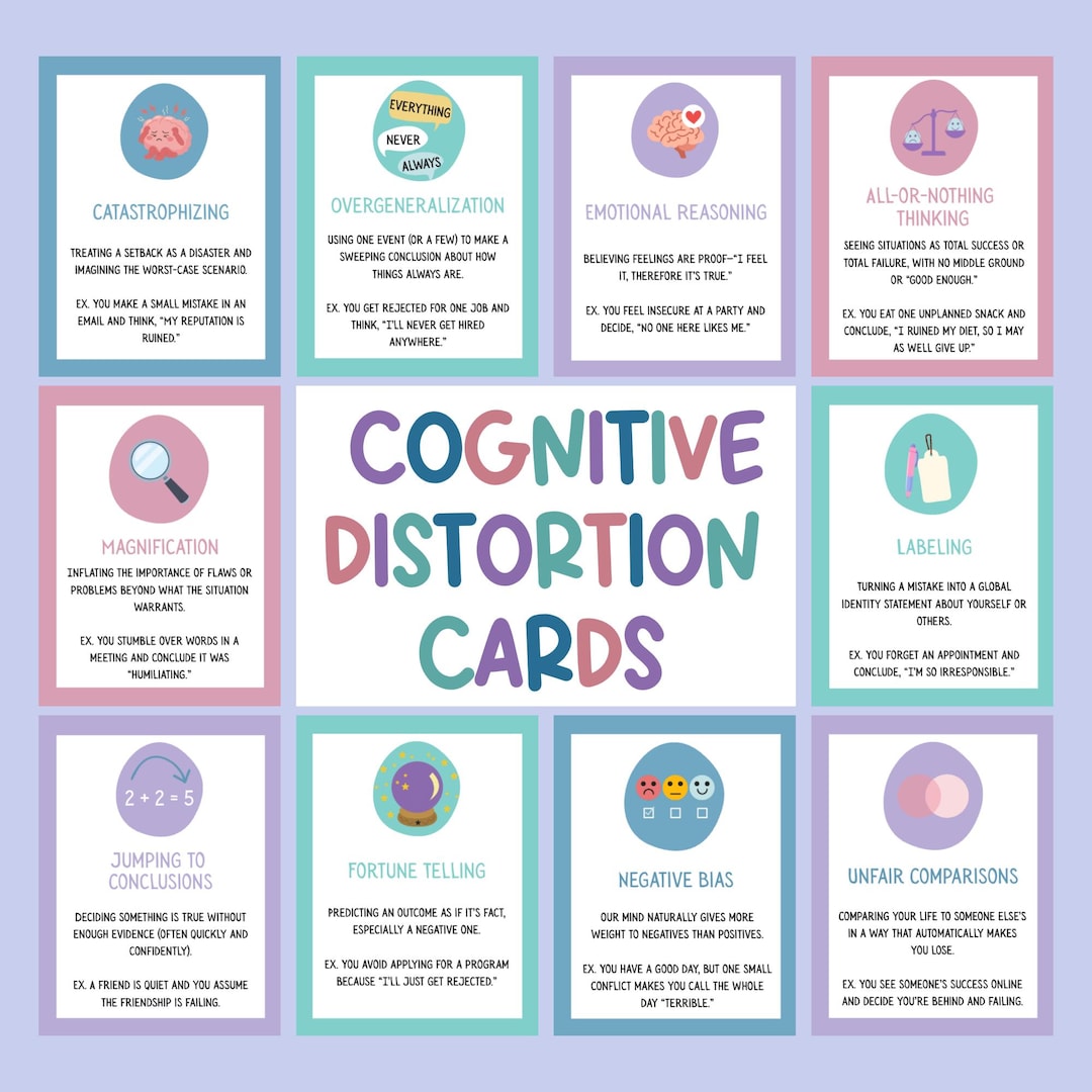 Cognitive Distortions Card Deck | CBT Therapy Tool | Printable Flash ...