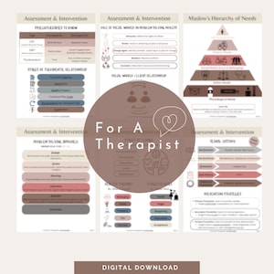 Puede incluir: Una descarga digital para terapeutas con un esquema de color rosa y marr&oacute;n. El texto "For A Therapist" est&aacute; en una fuente grande con un s&iacute;mbolo de coraz&oacute;n. El documento incluye informaci&oacute;n sobre evaluaci&oacute;n e intervenci&oacute;n, enfoques de resoluci&oacute;n de problemas, etapas de cambio y la jerarqu&iacute;a de necesidades de Maslow.