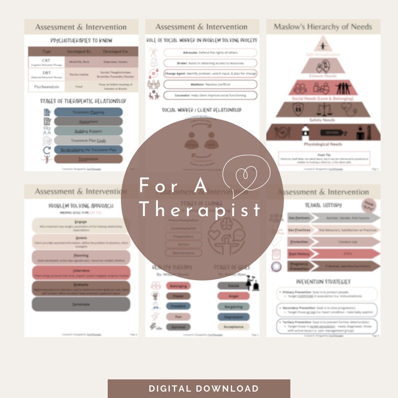 Puede incluir: Una descarga digital para terapeutas con un esquema de color rosa y marr&oacute;n. El texto "For A Therapist" est&aacute; en una fuente grande con un s&iacute;mbolo de coraz&oacute;n. El documento incluye informaci&oacute;n sobre evaluaci&oacute;n e intervenci&oacute;n, enfoques de resoluci&oacute;n de problemas, etapas de cambio y la jerarqu&iacute;a de necesidades de Maslow.
