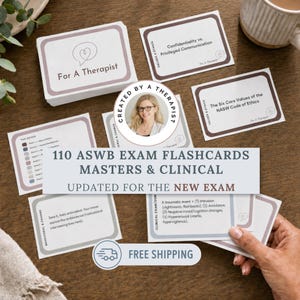 May include: A set of 110 ASWB exam flashcards for masters and clinical levels, featuring white cards with mauve borders and black text. The cards include topics like confidentiality, ethics, and behavioral change, with a circular logo showing a person.