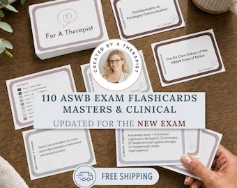 May include: A set of 110 ASWB exam flashcards for masters and clinical levels, featuring white cards with mauve borders and black text. The cards include topics like confidentiality, ethics, and behavioral change, with a circular logo showing a person.