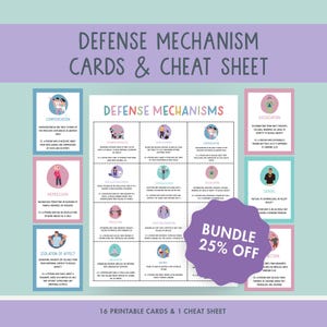 Könnte beinhalten: Ein druckbares Set von Abwehrkarten und einem Spickzettel. Die Karten zeigen Illustrationen und Beschreibungen verschiedener psychologischer Abwehrmechanismen, mit einem lila "Bundle 25% Off" Aufkleber.