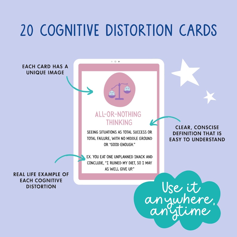Cognitive Distortions Card Deck | CBT Therapy Tool | Printable Flash ...