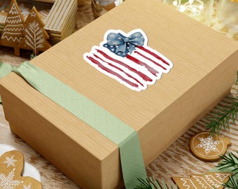 American Flag Sticker with Bow, Patriotic USA Decal, Independence Day Decor (PNG)