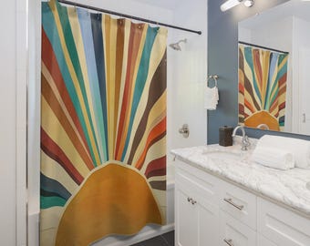 Retro Sunrise Shower Curtain | Mid Century Sunburst Bathroom Decor