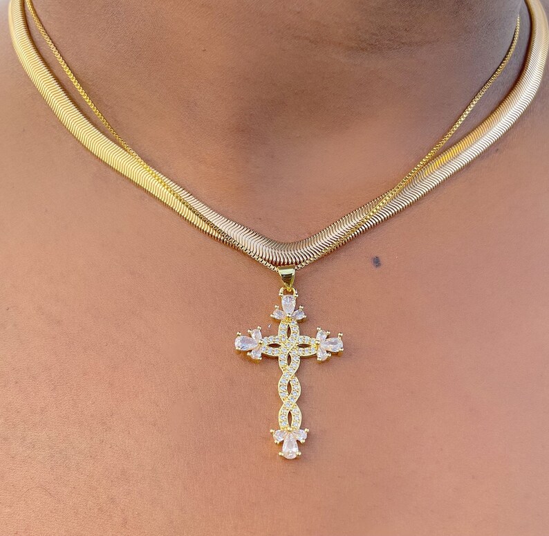 9ct Yellow Gold & CZ Crystal Cross Necklace – 16-20 Inch Adjustable Chain