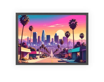 Los Angeles Retro Deco Poster, Vintage Wooden Frame Wall Art, California Skyline Print, Retro Travel Poster Home Decor Gift, City of angels