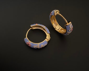18k Gold Plated Vintage/Retro Japanese Flower/Floral Huggie Hoop Earrings//Mother's Day Gift// Gift for friend// Gift for her