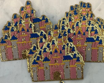 Iron on Castle  patch- gold glitter- Disney- Cinderellas  castle- Disney princess- embroidery-