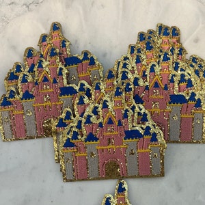 Iron on Castle  patch- gold glitter- Disney- Cinderellas  castle- Disney princess- embroidery-