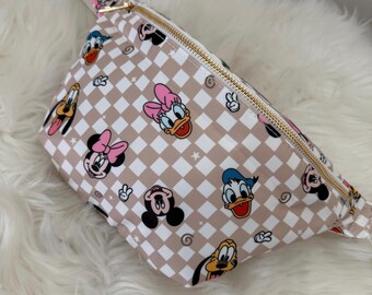 Large Cream & White Character Checkered Fanny Pack/ Theme Park Bag/ Screen print mouse cross body/ belt bag/ sensational six