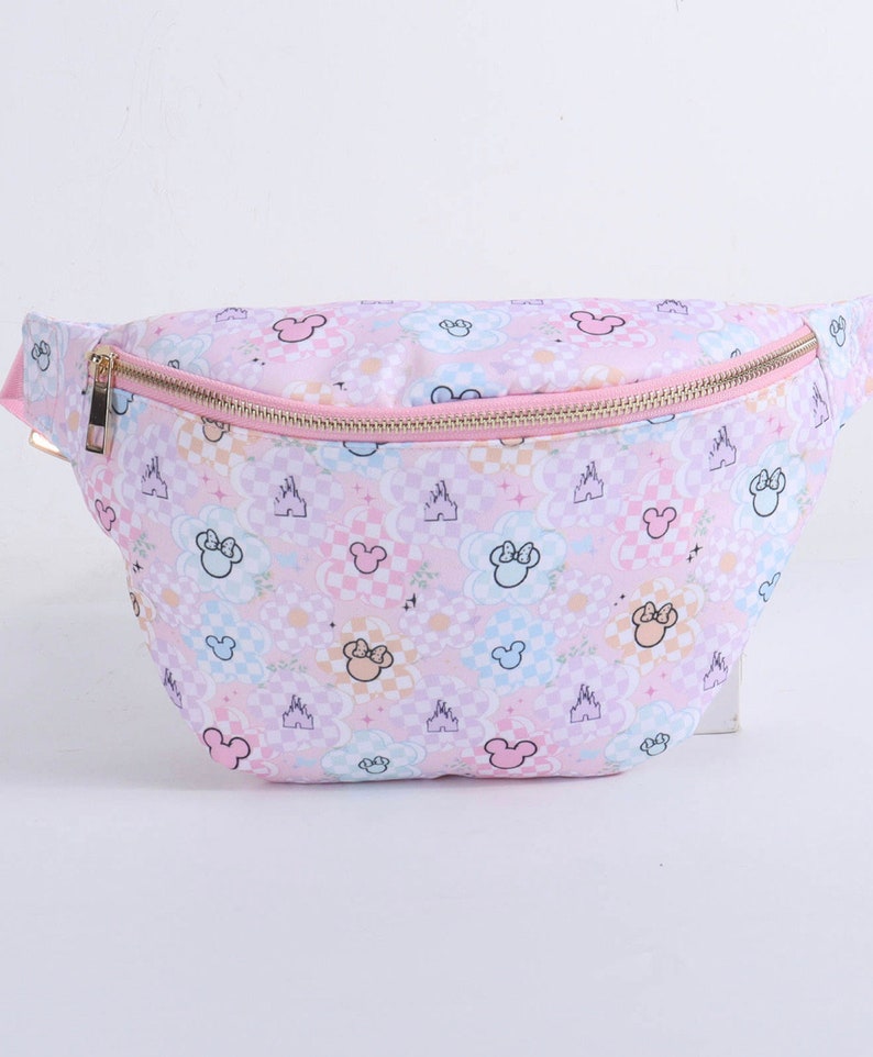 NEW JUMBO Pastel checkered flower Fanny Pack/ Theme Park Bag/ Screen print mouse cross body/Disney Fanny pack/ Theme park Fanny pack image 4