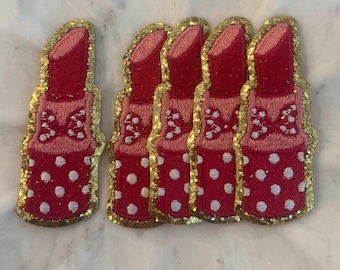 Magnifique patch rouge à lèvres - garniture scintillante - nœud-patch maquillage - rouge à lèvres Minnie - patch pour sacs en nylon-parc à thème-patch magique-patch princesse