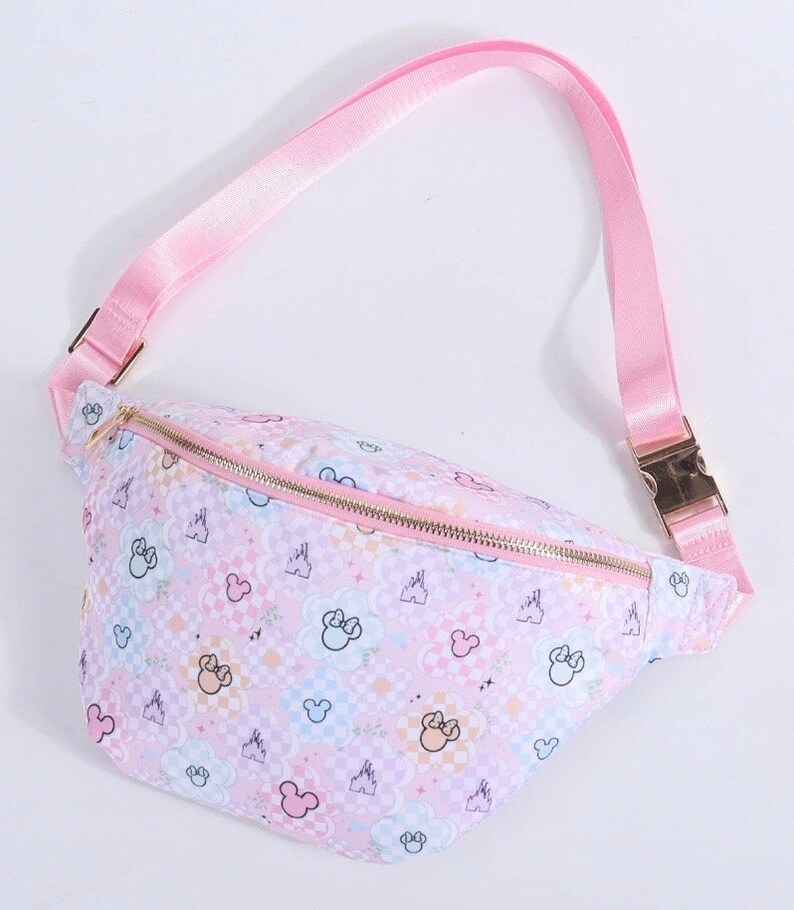 NEW JUMBO Pastel checkered flower Fanny Pack/ Theme Park Bag/ Screen print mouse cross body/Disney Fanny pack/ Theme park Fanny pack image 1