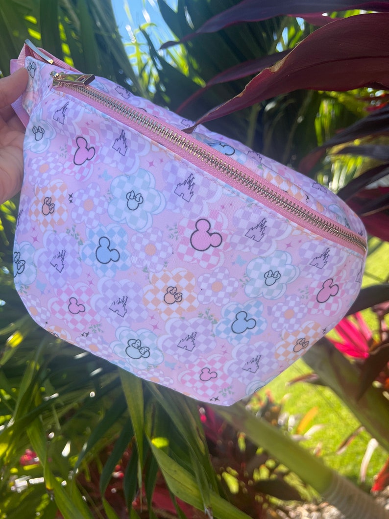 NEW JUMBO Pastel checkered flower Fanny Pack/ Theme Park Bag/ Screen print mouse cross body/Disney Fanny pack/ Theme park Fanny pack image 5