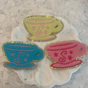 Tea Cup patch - dusty blue with rhinestones- theme park- gold glitter trim - princess- embroidery- pastel- patch for nylon bags