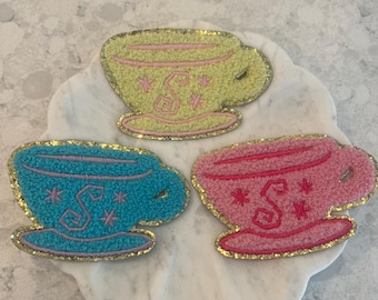 Tea Cup patch - dusty blue with rhinestones- theme park- gold glitter trim - princess- embroidery- pastel- patch for nylon bags