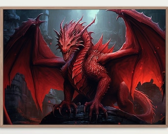 Red Dragon Digital Artwork - Majestic Red Dragon in Ruined Castle - Instant Digital Download for Fantasy Enthusiasts - Gamer gift