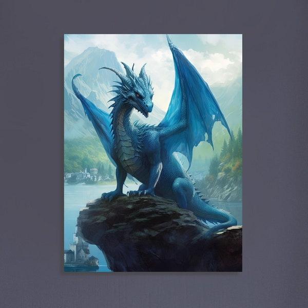 Blue Dragon Wall Art, Blue Dragon Poster, Fantasy Art Canvas Gift for Gamer - Poster, Canvas, Framed Art, Hanger option