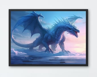 Blue Dragon Digital Art Download - Printable Wall Decor - Fantasy Dragon Art for Home Decoration