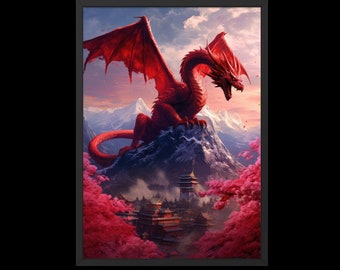 Chinese Dragon wall art, Red Dragon Poster, Fantasy Art Canvas Gift for Gamer