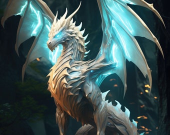 White Dragon Wall Art, Holy White Dragon Poster, Fantasy Art Canvas Gift for Gamer