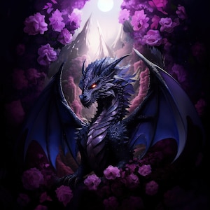 Purple Dragon Wall Art - Midnight Purple Dragon Poster - Purple and Red Roses - Fantasy Art Canvas - Gift for Gamer