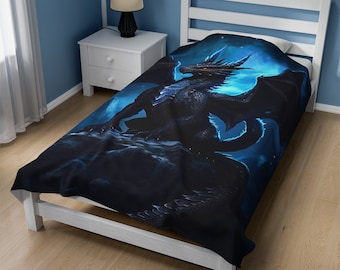Manta de Dragón Negro - Manta de felpa de terciopelo de Dragón Oscuro - Regalo para él