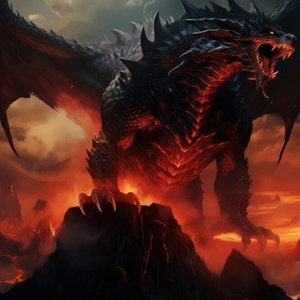 Black Dragon Wall Art - Black Volcanic Dragon Poster - Fantasy Canvas Art - Ready to Hang - Gift for Gamer