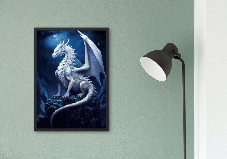 White Dragon Digital Art Download - Printable Wall Decor - Fantasy Dragon Art for Home Decoration image 3