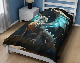 White Dragon Blanket - White Holy Dragon Velveteen Plush Blanket - Fantasy Gift for Gamer