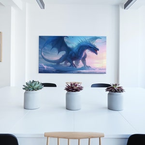 May include: A white table with three potted succulents in the center. The succulents are in gray pots. A large painting of a blue dragon with wings spread is hanging on the wall behind the table.