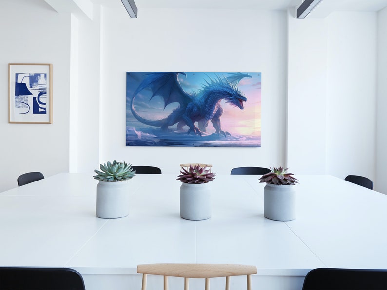 May include: A white table with three potted succulents in the center. The succulents are in gray pots. A large painting of a blue dragon with wings spread is hanging on the wall behind the table.