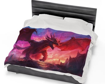 Red Dragon Blanket - Velveteen Plush Fantasy Blanket - Gift for Gamer Geek