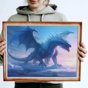 May include: A framed painting of a blue dragon with wings spread wide, standing on a snowy landscape with a pink and purple sky in the background.
